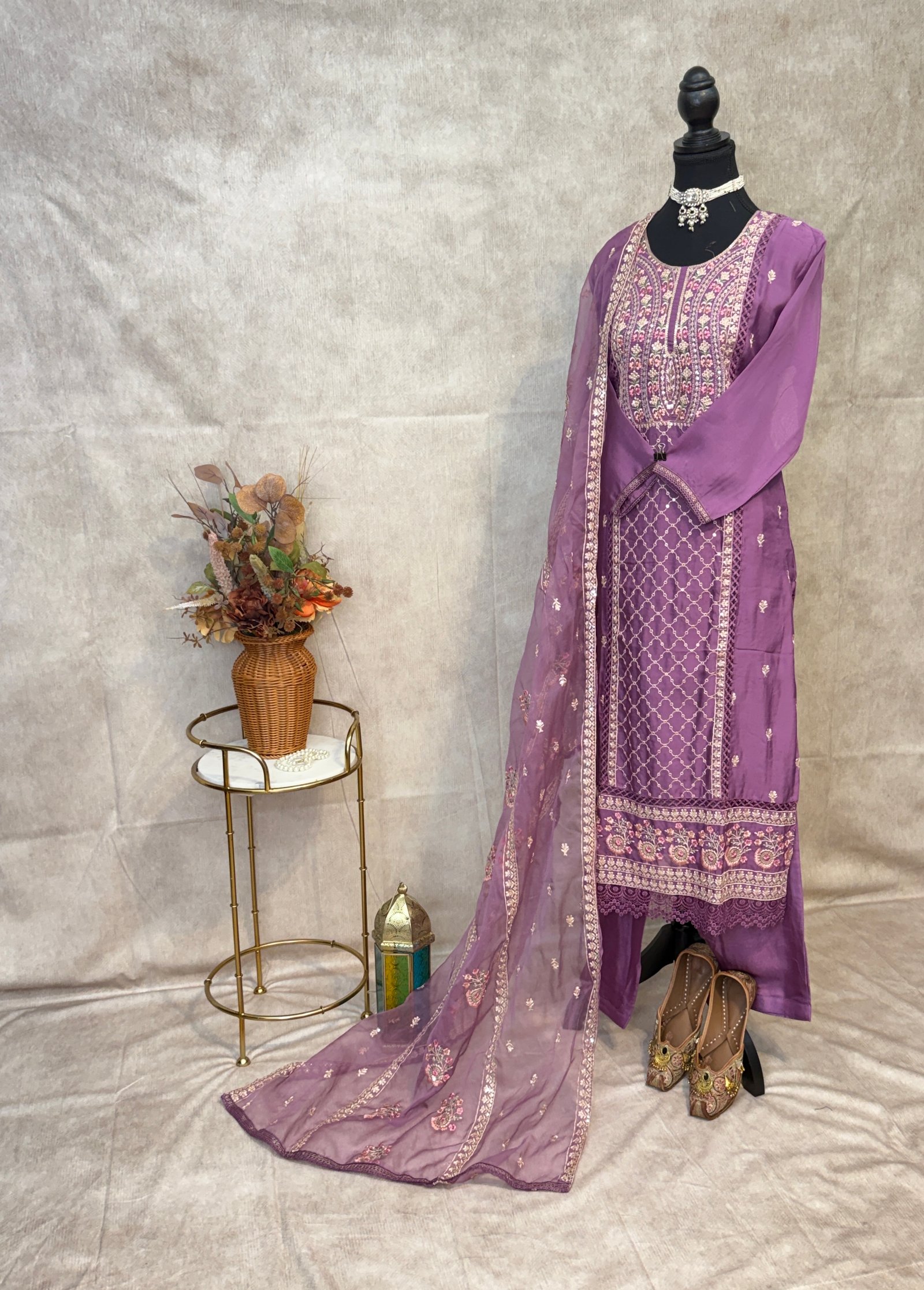 Mauve Purple Embroidered 3-Piece Suit